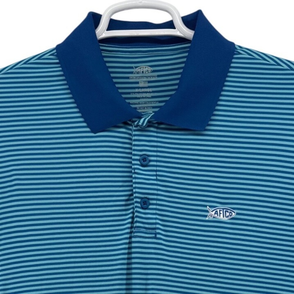 AFTCO Mens AFTECH Striped Performance Polo Blue Teal XL Fishing Short Sleeve